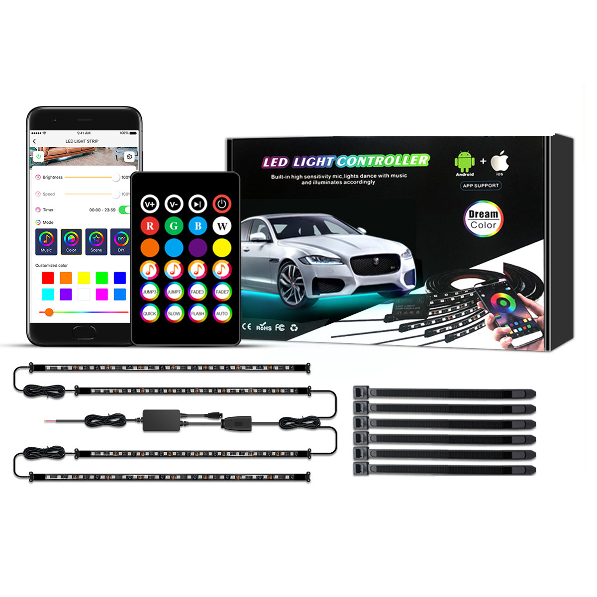 DC12V vodotěsný SMD5050 LED Car Atmosphere Music Jump Light Strip a Bluetooth ovladač s RF dálkovým ovladačem a sadou ovládání APP