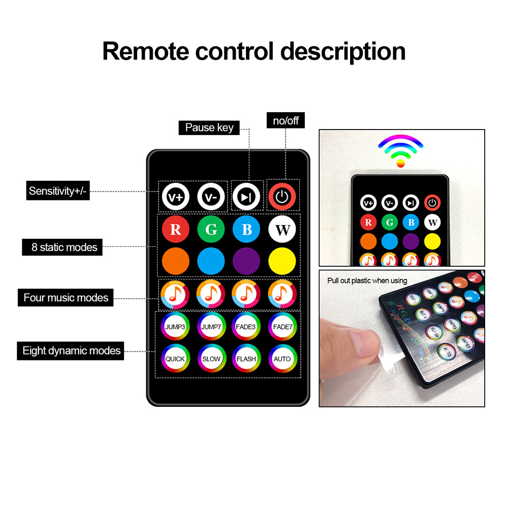 DC12V vodotěsný SMD5050 LED Car Atmosphere Music Jump Light Strip a Bluetooth ovladač s RF dálkovým ovladačem a sadou ovládání APP DC12V vodotěsný SMD5050 LED Car Atmosphere Music Jump Light Strip a Bluetooth ovladač s RF dálkovým ovladačem a sadou ovládání APP