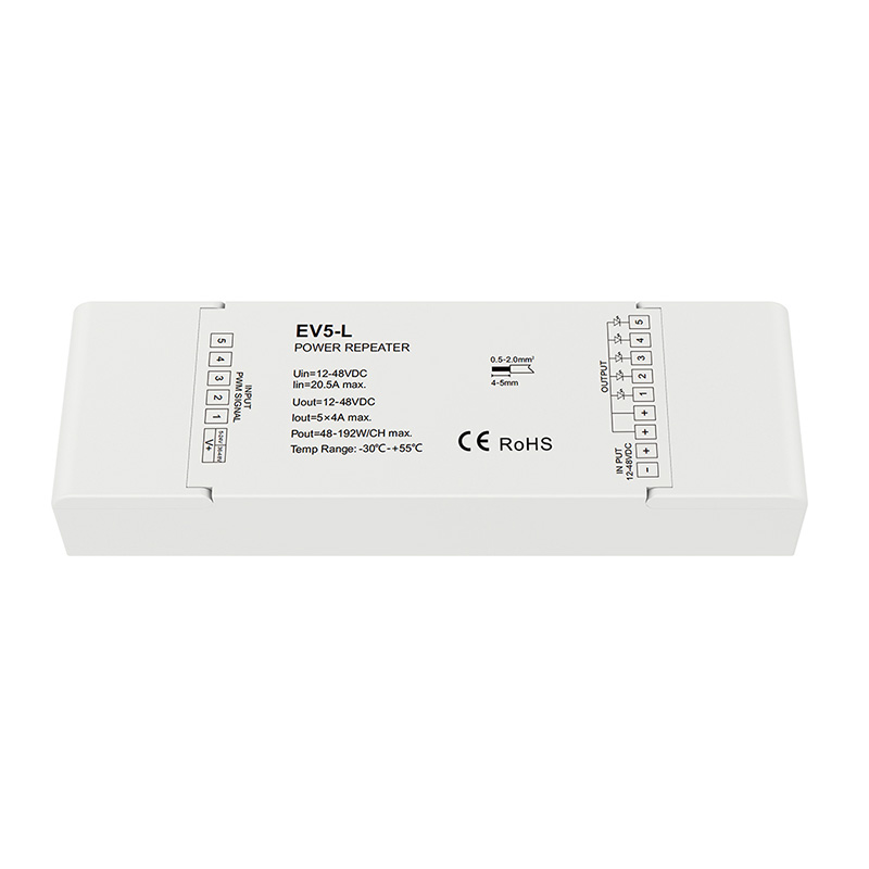 EV5-L 12-48 VDC Konstantspannungs-PWM-Leistungsverstärker für farbwechselnde LED-Streifenlichter EV5-L 12-48 VDC Konstantspannungs-PWM-Leistungsverstärker für farbwechselnde LED-Streifenlichter