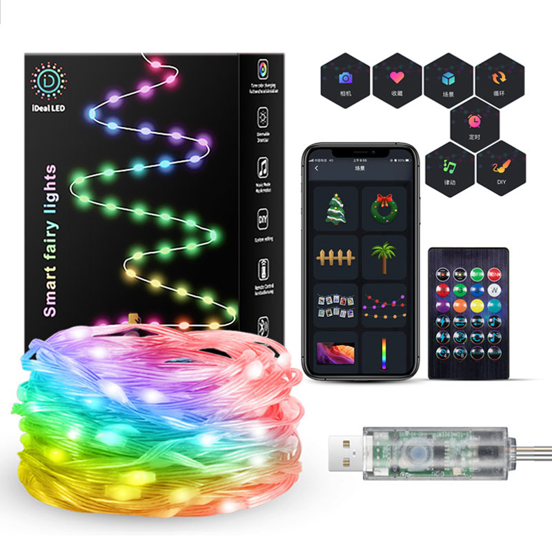 DC 5V USB napájený RF dálkový ovladač a ovládání APP Color Chasing RGB LED vánoční řetězová světla DC 5V USB napájený RF dálkový ovladač a ovládání APP Color Chasing RGB LED vánoční řetězová světla