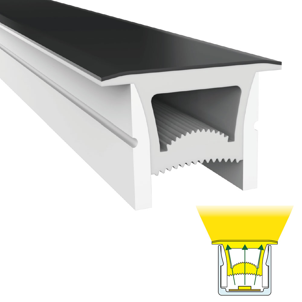 Silikon-LED-Streifendiffusor mit schwarzer Oberfläche für 12/10 mm LED-Lichtstreifen – 20 x 20 mm, 120° nach oben emittierend Silikon-LED-Streifendiffusor mit schwarzer Oberfläche für 12/10 mm LED-Lichtstreifen – 20 x 20 mm, 120° nach oben emittierend