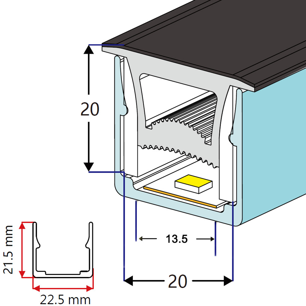 Silikon-LED-Streifendiffusor mit schwarzer Oberfläche für 12/10 mm LED-Lichtstreifen – 20 x 20 mm, 120° nach oben emittierend Silikon-LED-Streifendiffusor mit schwarzer Oberfläche für 12/10 mm LED-Lichtstreifen – 20 x 20 mm, 120° nach oben emittierend