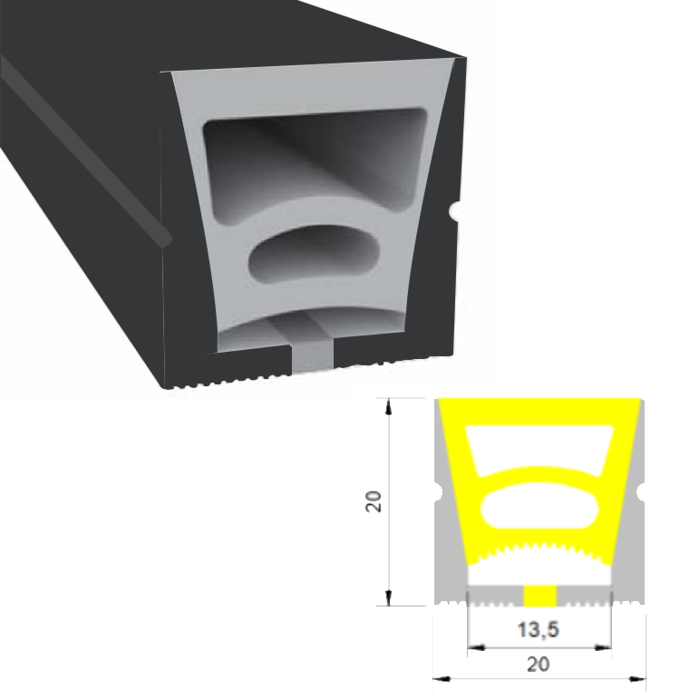 Černý silikonový LED difuzor Ohebný LED pásek světelný kanál s horním vyzařováním 20*20mm