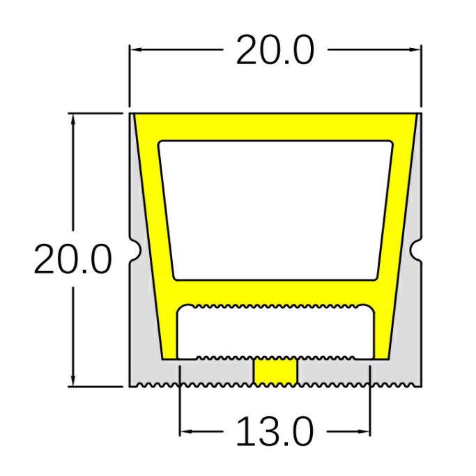 Flexible Silikon-LED-Neonbeleuchtungsröhren, 120° nach oben emittierend, 20 x 20 mm Flexible Silikon-LED-Neonbeleuchtungsröhren, 120° nach oben emittierend, 20 x 20 mm