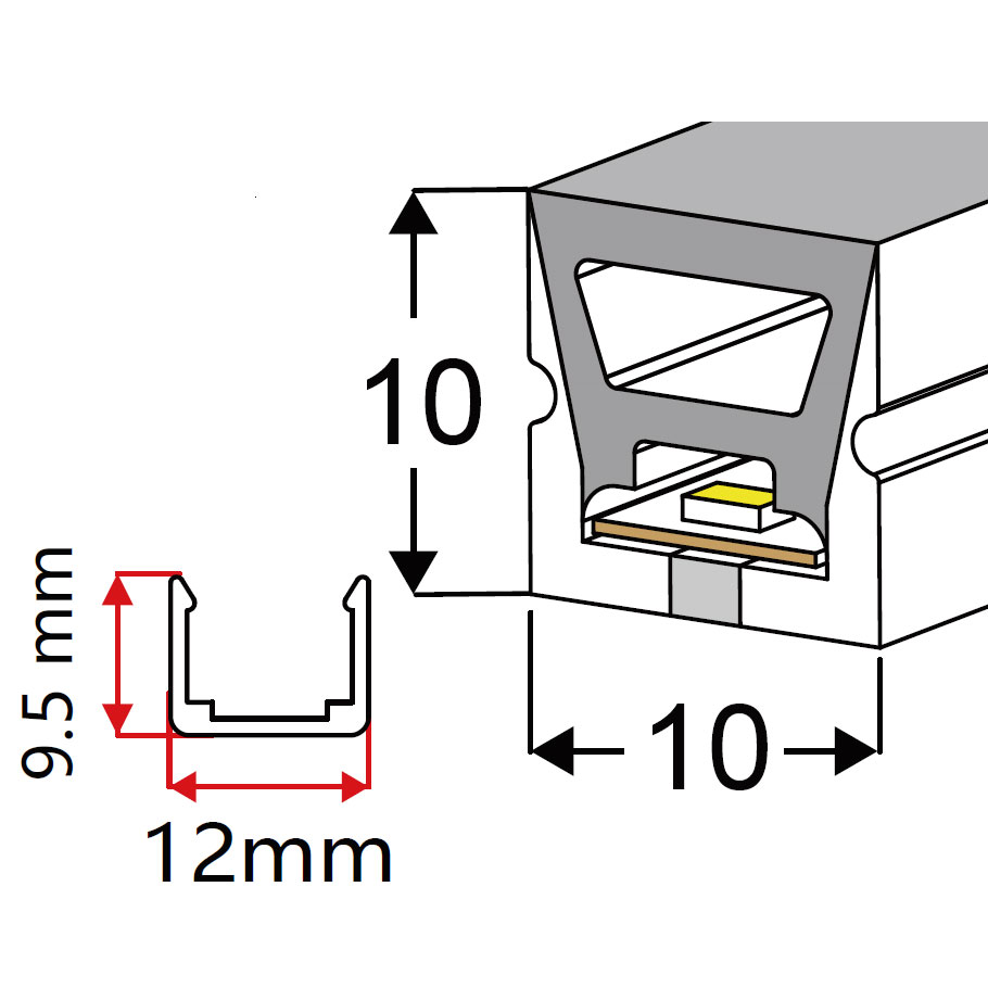 Silikon-Diffusor, flexibler LED-Kanal für den Außenbereich, 120°, nach oben emittierend, 10 x 10 mm Silikon-Diffusor, flexibler LED-Kanal für den Außenbereich, 120°, nach oben emittierend, 10 x 10 mm