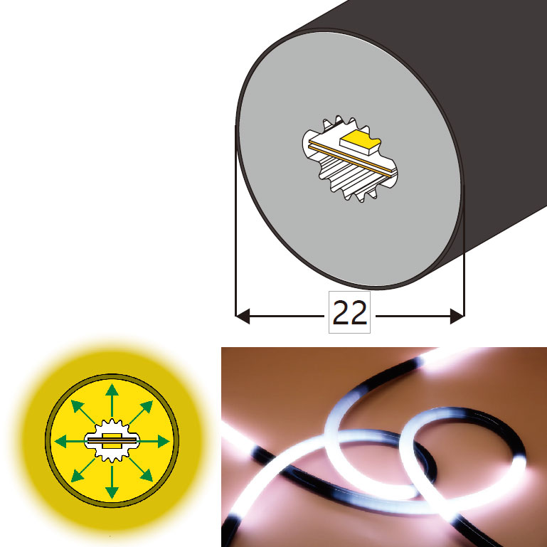 Φ22mm 360° schwarzes Silikon-LED-Diffusor-Rundrohr für doppelseitige 8-mm-LED-Lichtstreifen Φ22mm 360° schwarzes Silikon-LED-Diffusor-Rundrohr für doppelseitige 8-mm-LED-Lichtstreifen