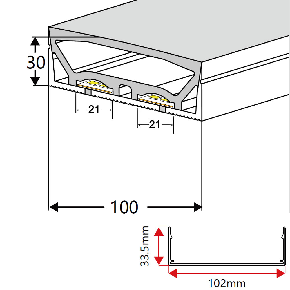 Großes biegbares Silikon-LED-Kanalsystem für zwei 20-mm-LED-Streifenlichter – 100 x 30 mm, 120 ° nach oben emittierend Großes biegbares Silikon-LED-Kanalsystem für zwei 20-mm-LED-Streifenlichter – 100 x 30 mm, 120 ° nach oben emittierend