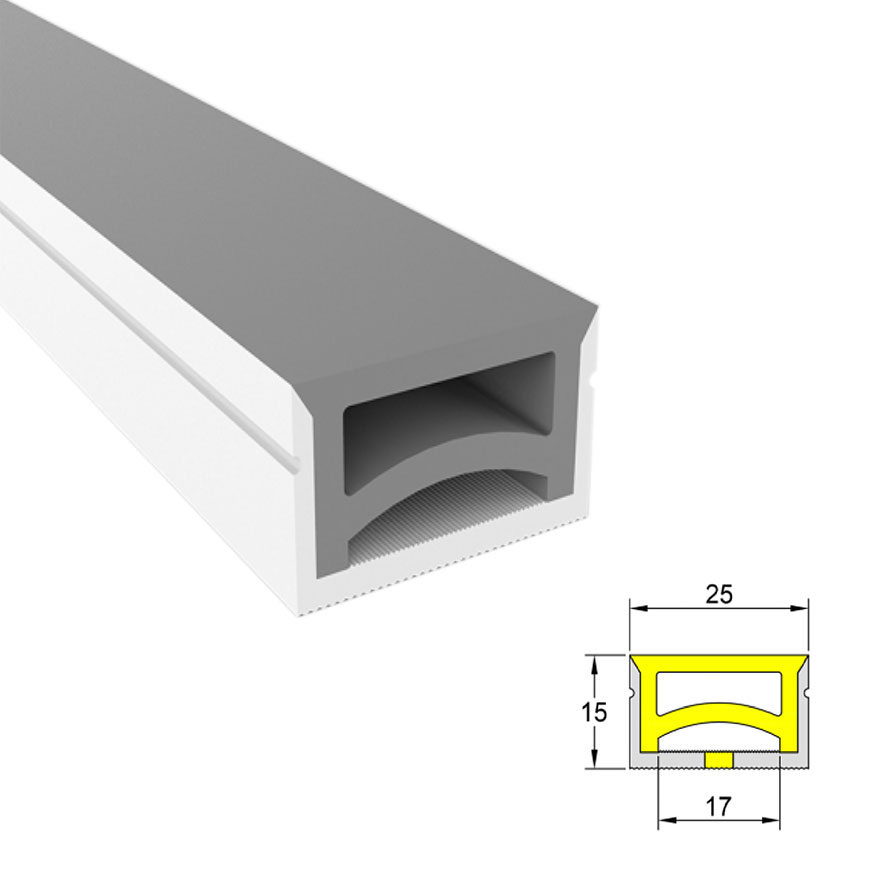 Silikon-LED-Diffusor mit flacher Oberseite für 15 mm LED-Lichtstreifen – 25 x 15 mm, 120° von oben emittierend