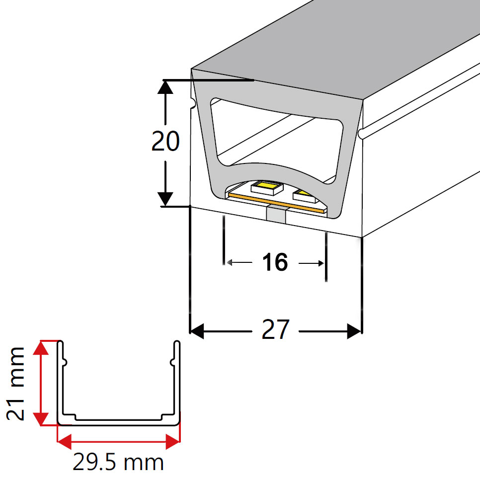 Silikonový LED páskový difuzér Venkovní voděodolný pro 15mm LED světelný pásek - 27*20mm 120° horní vyzařování Silikonový LED páskový difuzér Venkovní voděodolný pro 15mm LED světelný pásek - 27*20mm 120° horní vyzařování