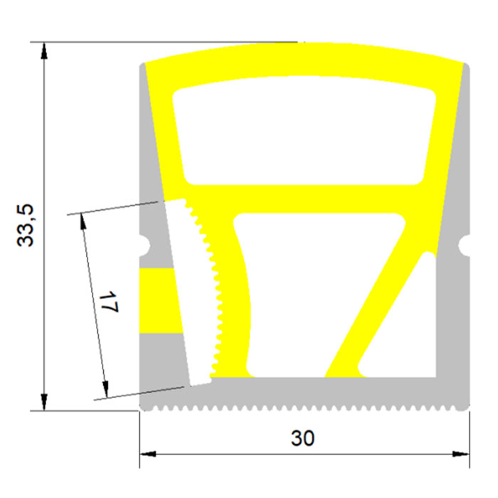 Silikon-LED-Lichtstreifen-Diffusorkanal für 15 mm LED-Streifen – 30 x 32 mm, 120° seitlich abstrahlend Silikon-LED-Lichtstreifen-Diffusorkanal für 15 mm LED-Streifen – 30 x 32 mm, 120° seitlich abstrahlend