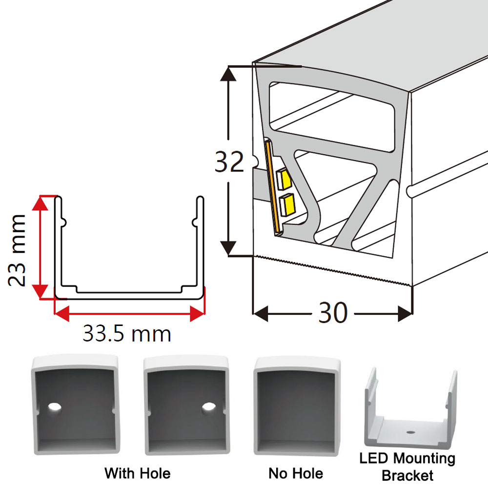Silikon-LED-Lichtstreifen-Diffusorkanal für 15 mm LED-Streifen – 30 x 32 mm, 120° seitlich abstrahlend Silikon-LED-Lichtstreifen-Diffusorkanal für 15 mm LED-Streifen – 30 x 32 mm, 120° seitlich abstrahlend