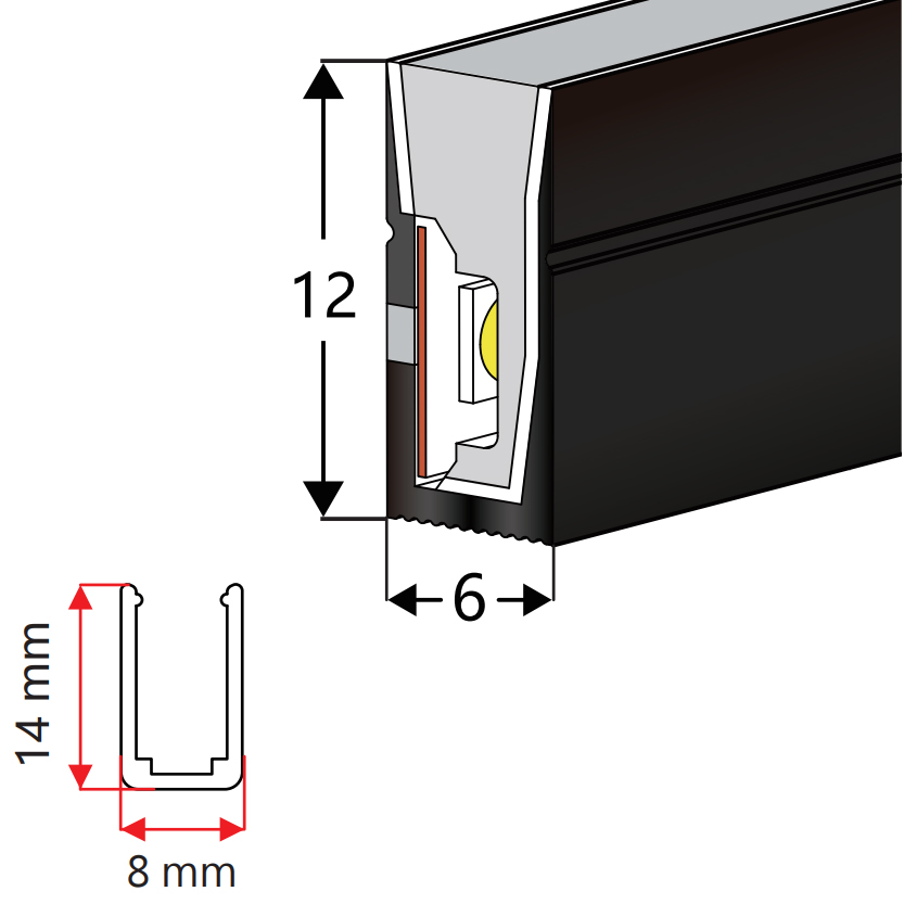 6*12mm 120° boční LED difuzor Černá silikonová trubice pro 8mm LED světelné pásy 6*12mm 120° boční LED difuzor Černá silikonová trubice pro 8mm LED světelné pásy