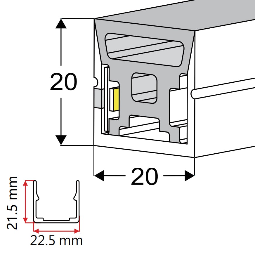 20*20mm Neon Tube - 120° Three Sides Emitting - For 8-10mm LED Strip