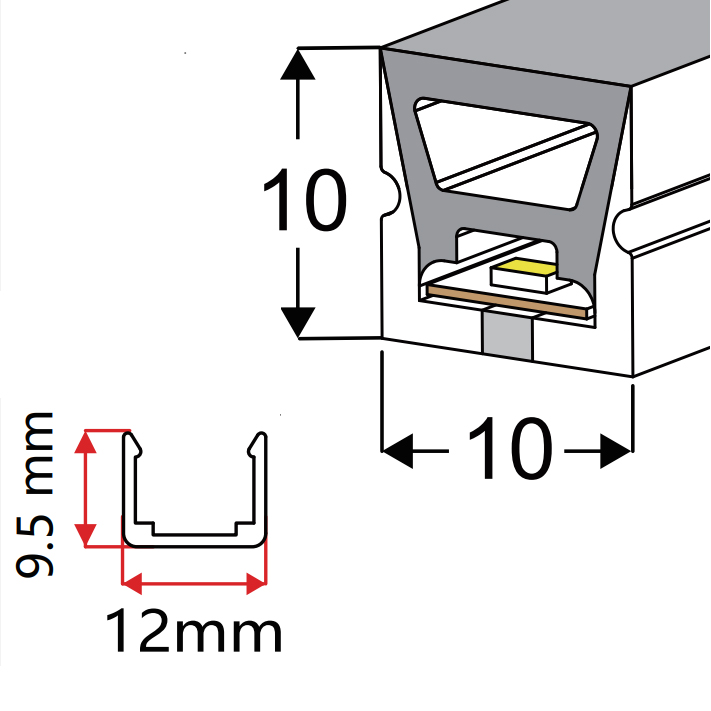 Flexible Silikon-LED-Kanalschiene für 5 mm LED-Streifenbeleuchtung – 10 x 10 mm, 120° nach oben emittierend
