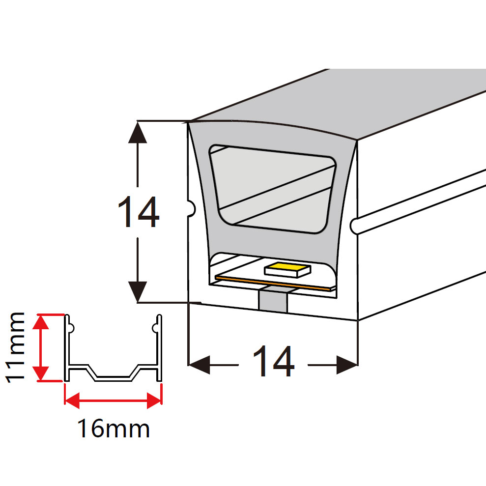 Flex-Silikon-LED-Streifendiffusor, Außenprofil, 120°, nach oben emittierend, 14 x 14 mm Flex-Silikon-LED-Streifendiffusor, Außenprofil, 120°, nach oben emittierend, 14 x 14 mm
