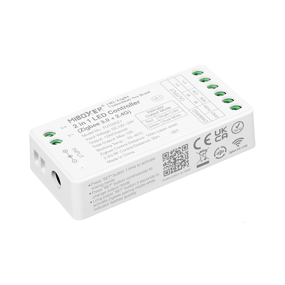 FUT035Z+ 2v1 Dual White LED Strip Controller – DC12~24V – Zigbee 3.0+2.4G FUT035Z+ 2v1 Dual White LED Strip Controller – DC12~24V – Zigbee 3.0+2.4G
