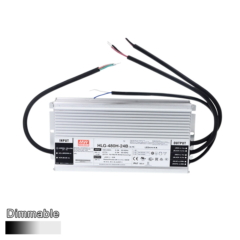 HLG-480H-24B 480Watt AC90～305V vstupní napětí střední studna IP67 Vodotěsný DC24V LED zdroj uvedený na seznamu UL