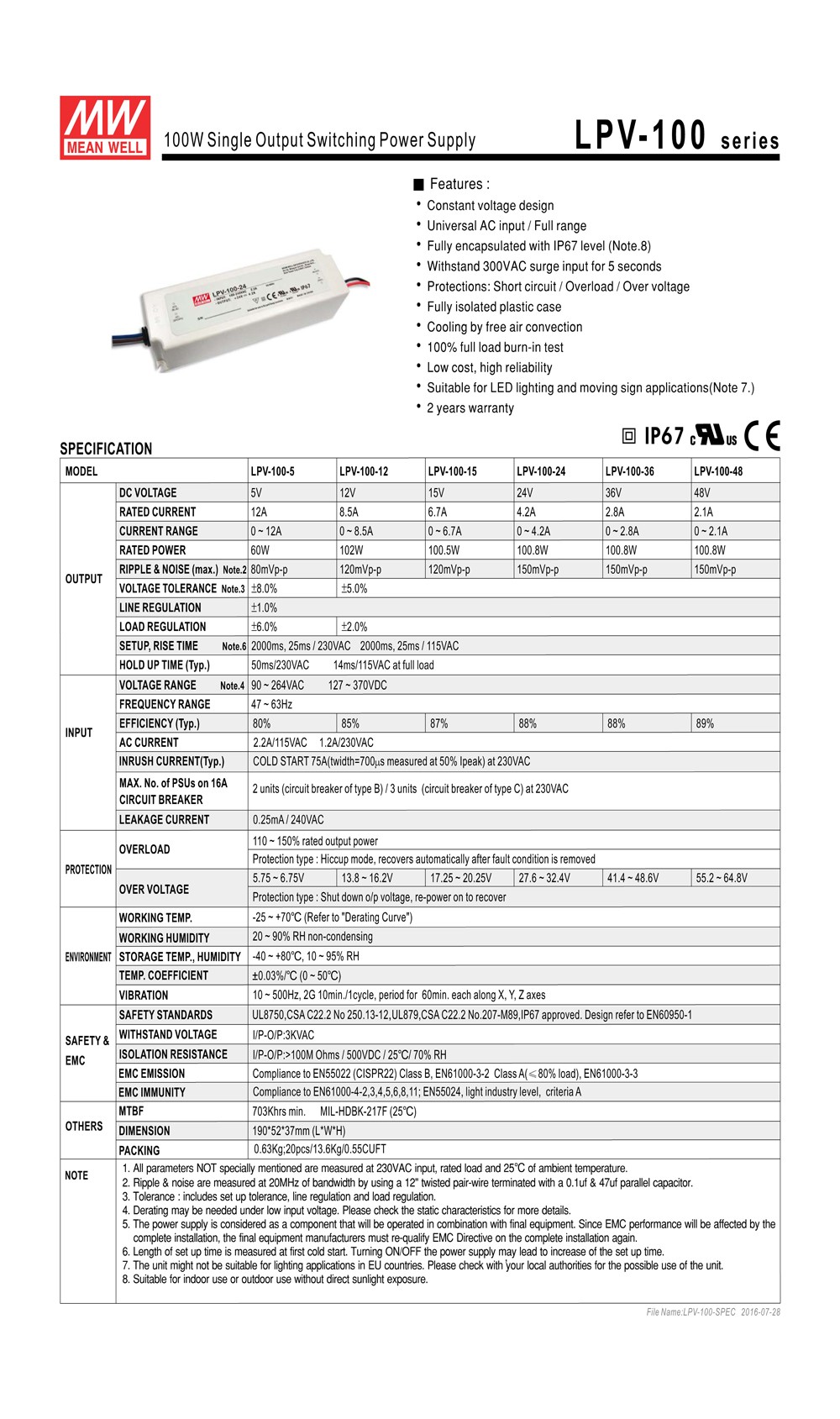 Mean Well LPV-100-12 100W Single Output Switching Power Supply with 8.5 Amp  Rated Current and 12V DC Voltage 