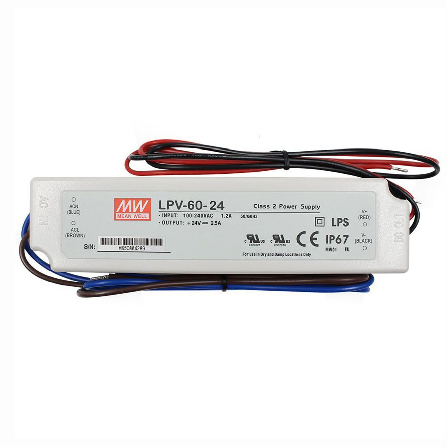LPV-60-24 60Watt AC90~264V Vstup znamená dobře Vysoce účinný Vodotěsný DC24V LED displej s označením UL Zdroj napájení LPV-60-24 60Watt AC90~264V Vstup znamená dobře Vysoce účinný Vodotěsný DC24V LED displej s označením UL Zdroj napájení