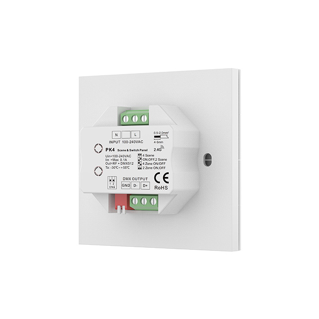 PK4 100–240 VAC, 2 oder 4 Szenen und Zonen, LED-Wandmontagepanel mit Drucktasten PK4 100–240 VAC, 2 oder 4 Szenen und Zonen, LED-Wandmontagepanel mit Drucktasten