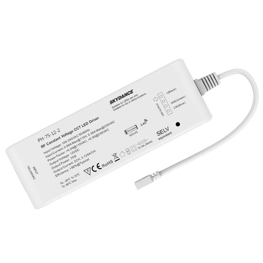 2CH 75W 12V RF stmívatelný LED ovladač PH-75-12-2 2CH 75W 12V RF stmívatelný LED ovladač PH-75-12-2