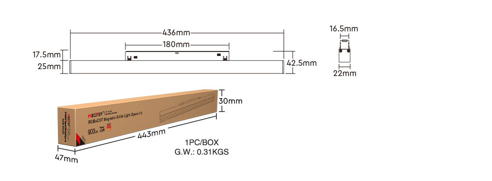 MG5-12N-RF DC48V 12W 24° RGB+CCT magnetické lineární světlo velikost