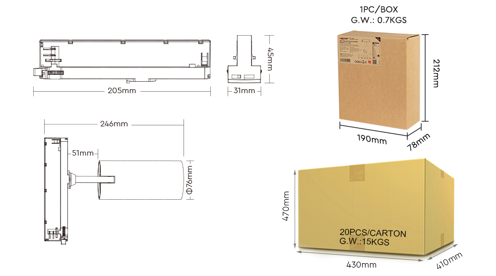 TS5-30W-RF TS5-30B-RF AC100-240V 30W RGB+CCT Track LED Spotlight size