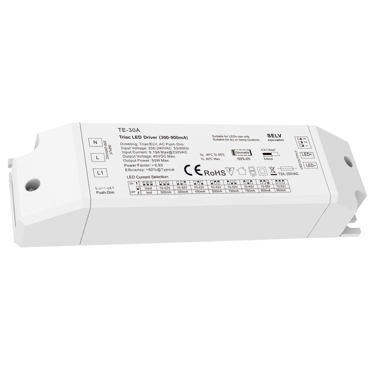 30W 300-900mA Triakový stmívatelný LED ovladač TE-30A
