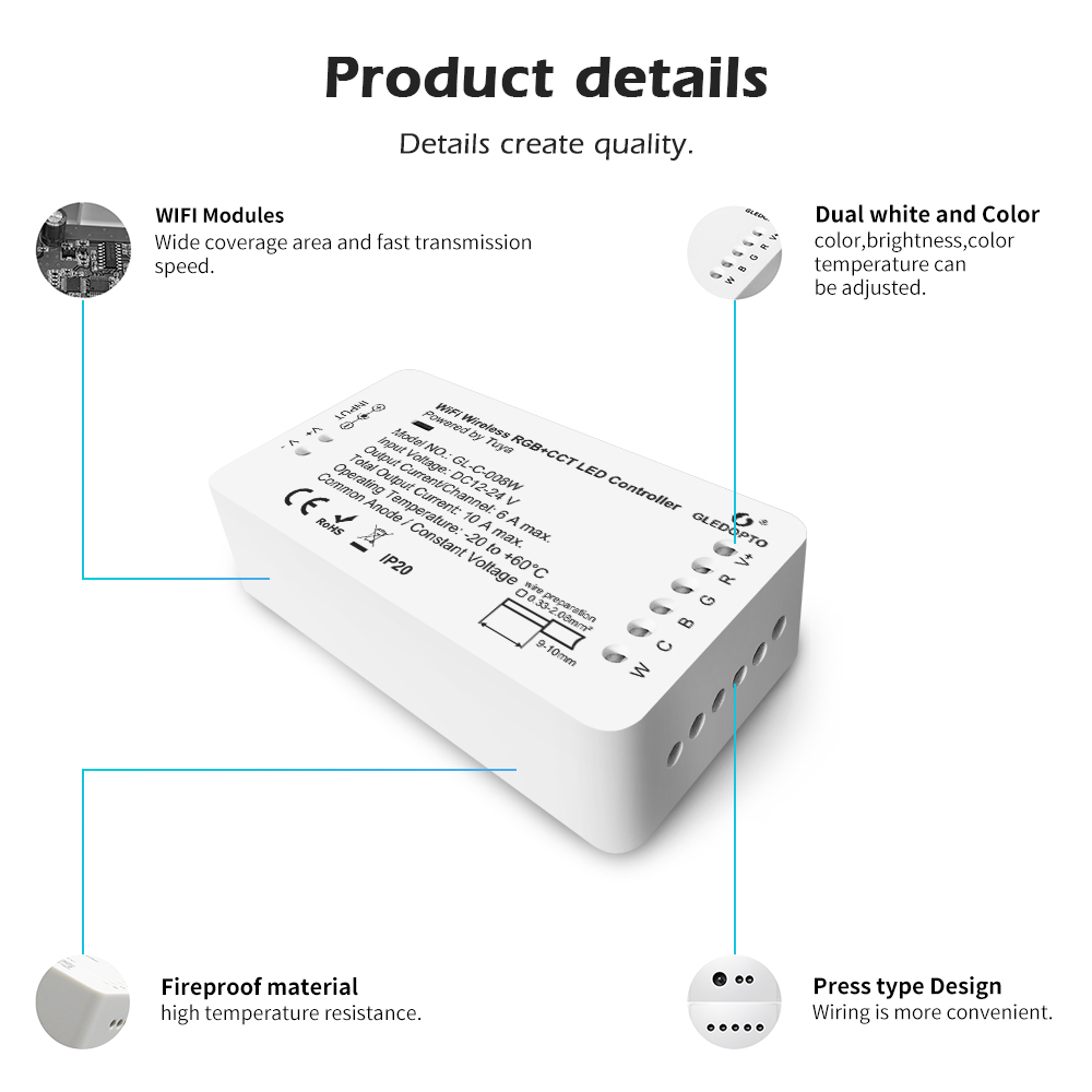 Tuya WiFi bezdrátový RGB+CCT LED ovladač světla Tuya WiFi bezdrátový RGB+CCT LED ovladač světla