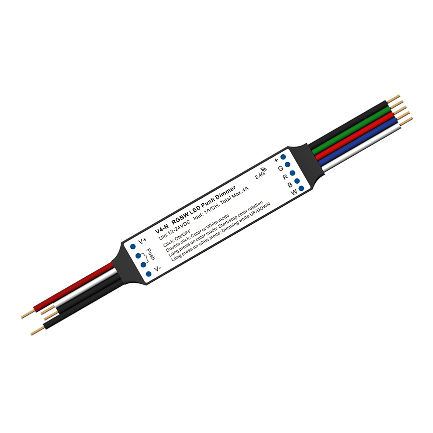 V4-N 12-24VDC konstantní napětí Push Dim RGBW Mini LED ovladač V4-N 12-24VDC konstantní napětí Push Dim RGBW Mini LED ovladač