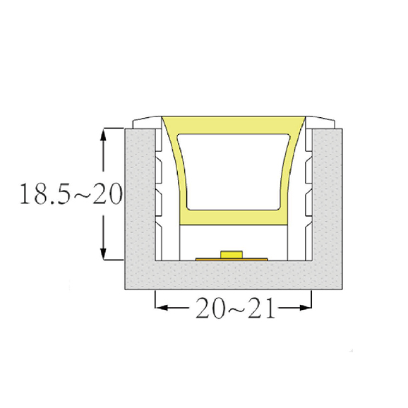 Weißer Silikon-LED-Diffusor mit Flansch für die Installation von Aluminiumkanälen, 120° nach oben emittierend, 20 x 20 mm Weißer Silikon-LED-Diffusor mit Flansch für die Installation von Aluminiumkanälen, 120° nach oben emittierend, 20 x 20 mm