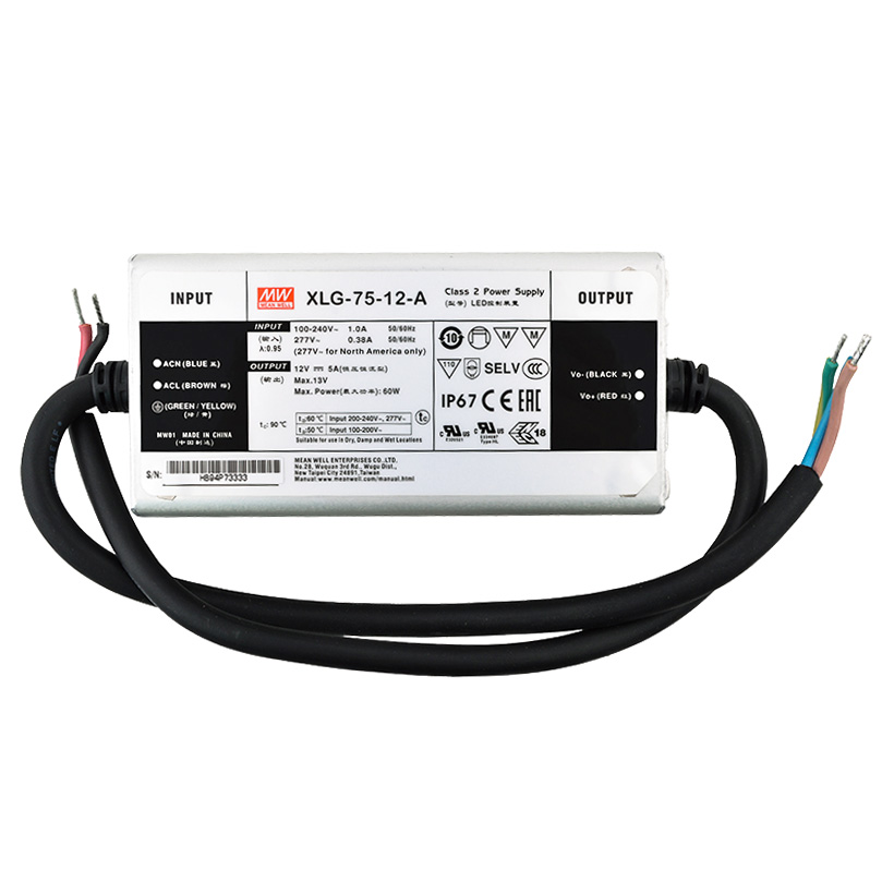 XLG-75-12-A 60Watt AC100-305V Eingangsspannung Mean Well Hocheffizientes wasserdichtes DC12V UL-gelistetes LED-Display-Beleuchtungsnetzteil
