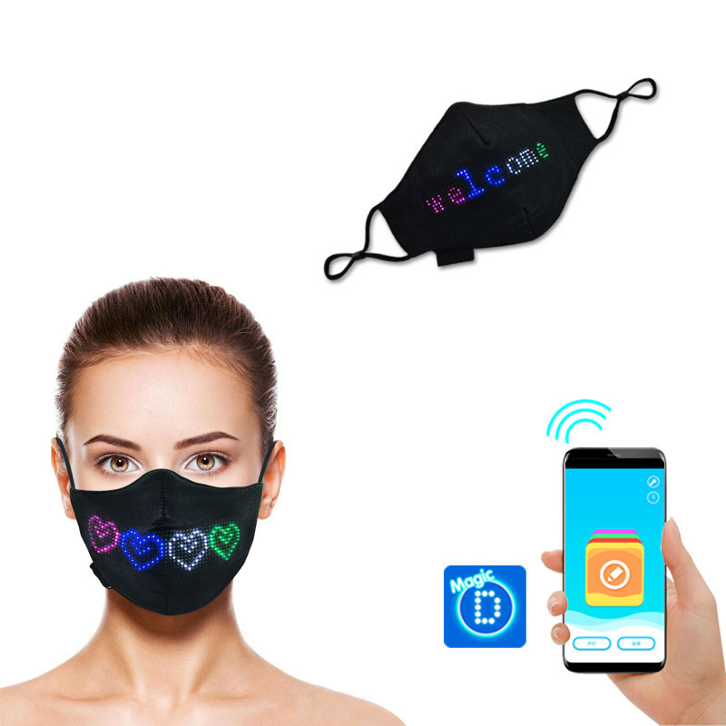 Wiederaufladbare Gesichtsmaske aus schwarzer Baumwolle, LED-Mund, Bluetooth-APP-Steuerung