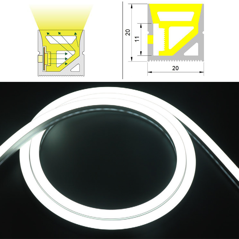Flexibles Silikon-LED-Kanalprofil für 10 mm LED-Lichtleisten – 20 x 20 mm, 120° seitlich abstrahlend Flexibles Silikon-LED-Kanalprofil für 10 mm LED-Lichtleisten – 20 x 20 mm, 120° seitlich abstrahlend