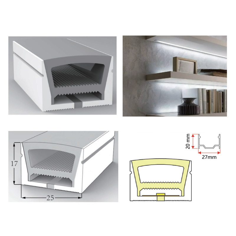Silikon-LED-Diffusorrohr für 12 mm LED-Streifenlichter – 25 x 17 mm, 120° nach oben emittierend Silikon-LED-Diffusorrohr für 12 mm LED-Streifenlichter – 25 x 17 mm, 120° nach oben emittierend