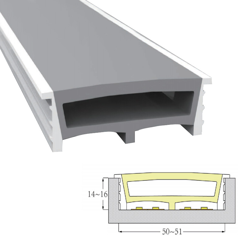Breiter Silikon-LED-Kanaldiffusor mit Flansch für 20/15 mm LED-Streifen – 50 x 15 mm, 120° nach oben emittierend