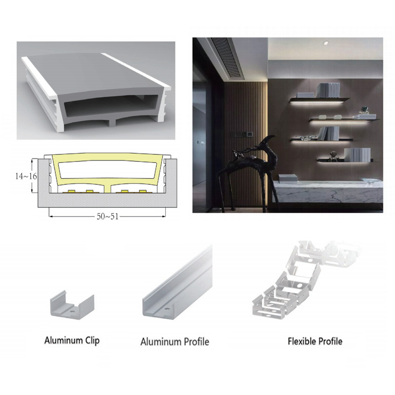 Široký silikonový LED kanálový difuzor s přírubou pro 20/15mm LED pásky - 50*15mm 120° horní vyzařování Široký silikonový LED kanálový difuzor s přírubou pro 20/15mm LED pásky - 50*15mm 120° horní vyzařování