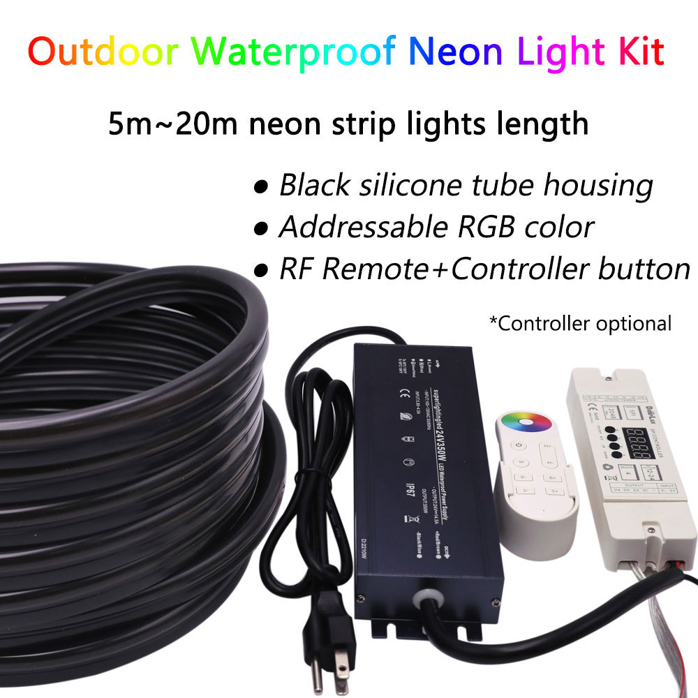 Sada venkovních flexibilních černých silikonových neonových LED pásků s adresovatelnými barvami RGB Sada venkovních flexibilních černých silikonových neonových LED pásků s adresovatelnými barvami RGB