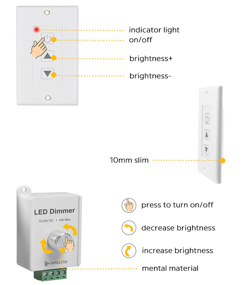 DC12-24V 10Amp High Power Rotary Knob LED Dimmer Switch With Wireless Wall  Panel Controller