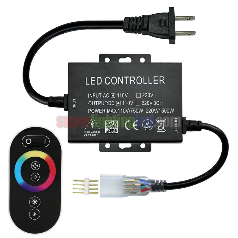 Wasserdichter IP67 AC110V/220V 1500W 6-Tasten-Touch-Farbring-RF-RGB-Controller, geeignet für wasserdichte Außenbeleuchtungsprojekte mit UL-gelistetem AC-US-Stecker