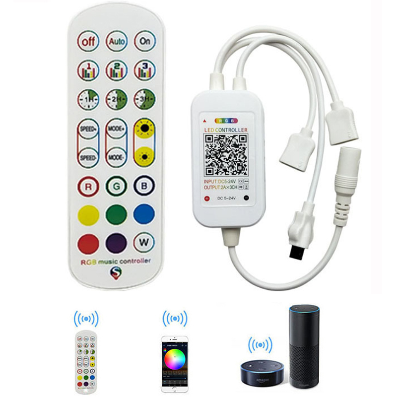 DC5-24V RGB Bluetooth/WiFi Music APP Mini ovladač s dálkovým ovládáním s 24 klíči, práce s Alexou a Google Assitant