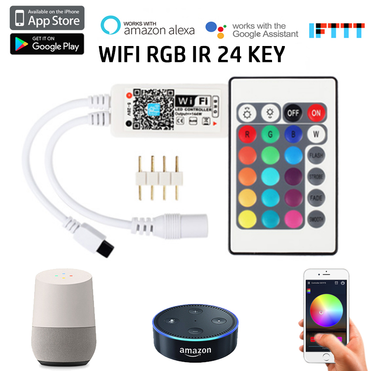 WIFI RGB ovladač funguje s IR dálkovým ovládáním, chytrým telefonem, Amazon Alexa, Google Assistant WIFI RGB ovladač funguje s IR dálkovým ovládáním, chytrým telefonem, Amazon Alexa, Google Assistant