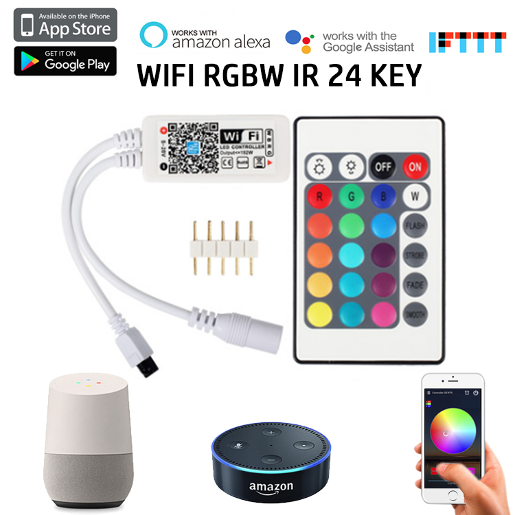 WIFI RGBW ovladač – funguje s IR dálkovým ovládáním, chytrým telefonem, Alexou, Google Assistant WIFI RGBW ovladač – funguje s IR dálkovým ovládáním, chytrým telefonem, Alexou, Google Assistant