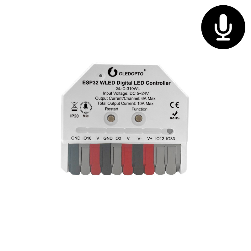 Mini 2CH adresovatelný LED pásek ESP32 WLED DIY zvukem aktivovaný LED ovladač