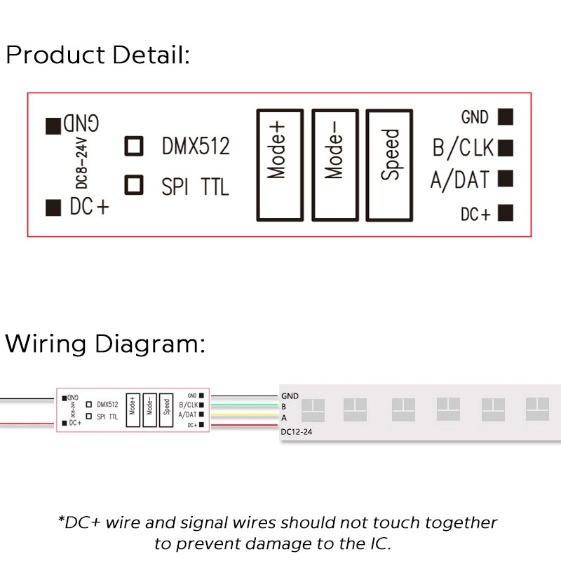 DC8-24V Mini DMX512 & SPI/TTL ovladač pro testování RGB/RGBW/jednobarevných LED světel DC8-24V Mini DMX512 & SPI/TTL ovladač pro testování RGB/RGBW/jednobarevných LED světel
