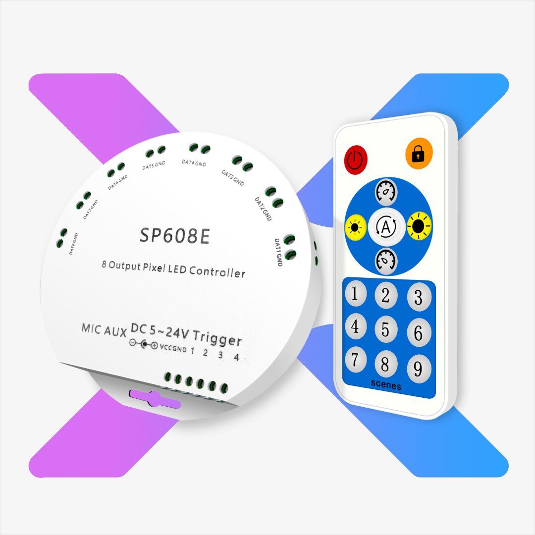 SP608E SPI LED hudební ovladač - 8 výstupů - kompatibilní Bluetooth APP, RF dálkové ovládání SP608E SPI LED hudební ovladač - 8 výstupů - kompatibilní Bluetooth APP, RF dálkové ovládání