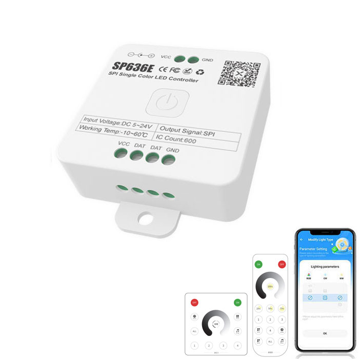 DC5-24V SP636E Bluetooth, RF a hudební tekoucí vodní LED páskový ovladač DC5-24V SP636E Bluetooth, RF a hudební tekoucí vodní LED páskový ovladač
