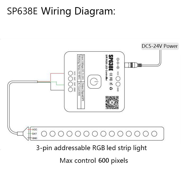 DC5-24V SP638E Bluetooth RF Music Addressable RGB LED Controller wiring diagram