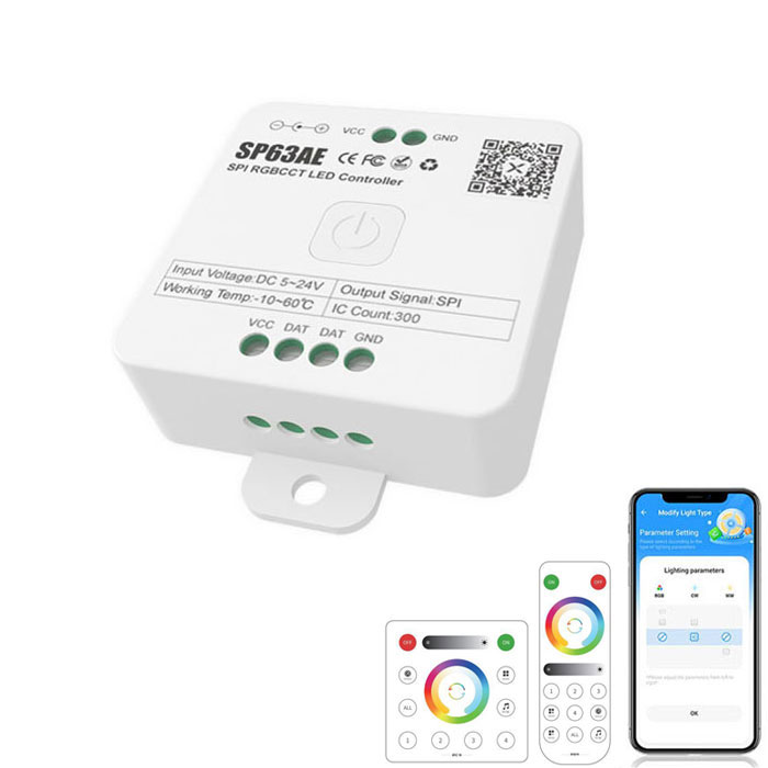 DC5-24V SP63AE Bluetooth RF SPI FW1906 5v1 RGBCCT adresovatelný LED páskový ovladač světla DC5-24V SP63AE Bluetooth RF SPI FW1906 5v1 RGBCCT adresovatelný LED páskový ovladač světla
