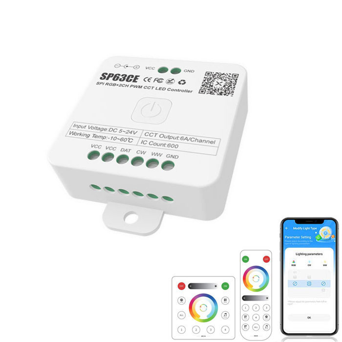 DC5-24V SP63CE Bluetooth RF WS2811 RGB+CCT adresovatelný LED páskový ovladač DC5-24V SP63CE Bluetooth RF WS2811 RGB+CCT adresovatelný LED páskový ovladač
